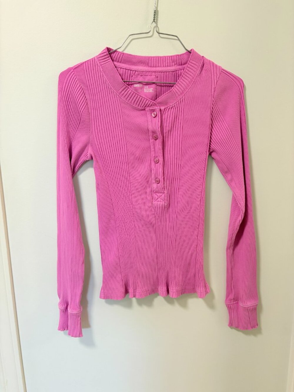 Aerie Road Trip Long Sleeve Rib Henley T-Shirt Bright Pink Fuschia Cozy Lounge - Picture 3 of 12